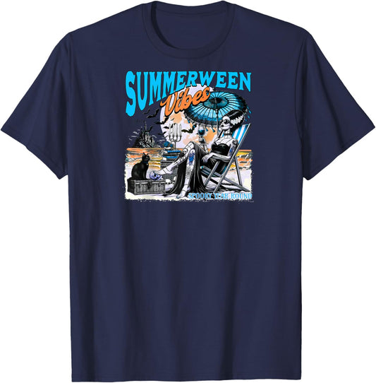 Bride Of Frankenstein, Summerween Vibes Spooky Year Round Raglan Baseball T-Shirt - T-Shirt | Navy