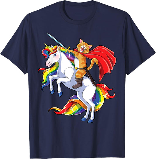 Cat Riding Unicorn Funny Caticorn Kittycorn Kitty Kitten Women Kids T-Shirt - T-Shirt | Navy