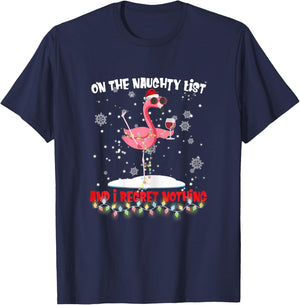 On The Naughty List And I Regret Nothing Flamingo Wine T-Shirt - T-Shirt | Navy