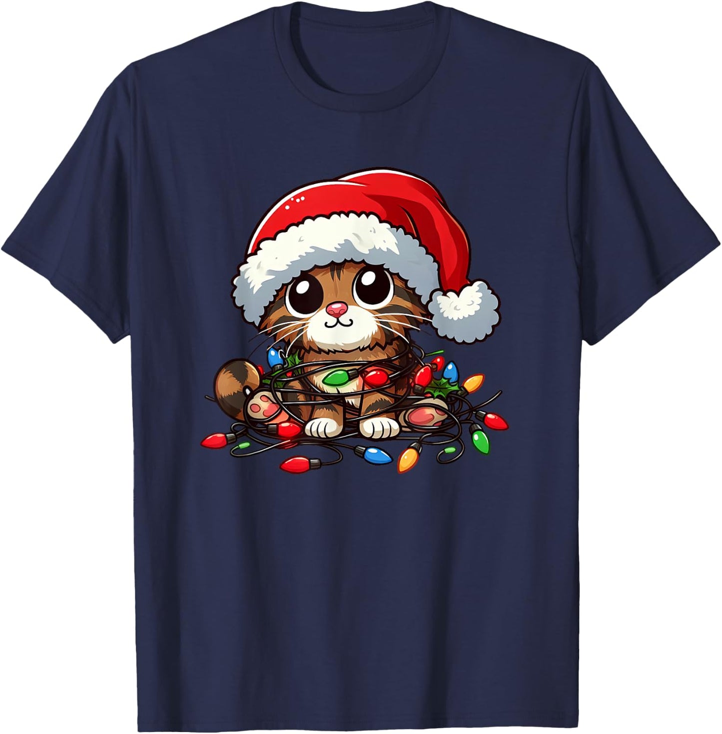 Brown Tabby Cat Christmas Lights Pet Funny Xmas T-Shirt - T-Shirt | Navy