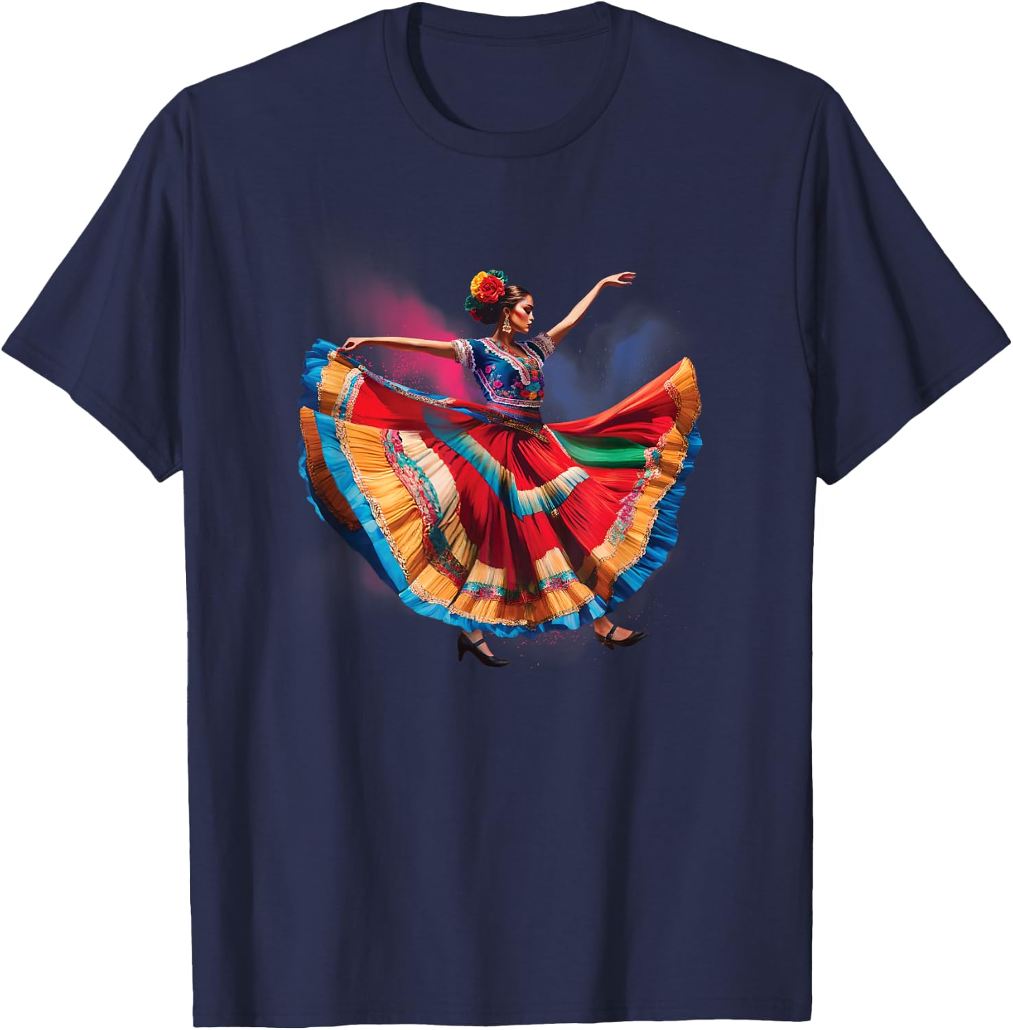 Folklorico Woman Dancing Mexican Heritage Folk Dance T-Shirt - T-Shirt | Navy