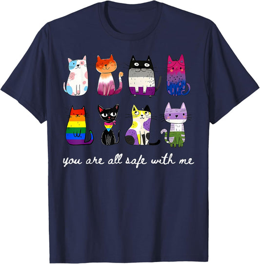 Cute Cats You are Safe with Me Gay Pride Rainbow Ally LGBTQ T-Shirt - T-Shirt | Navy