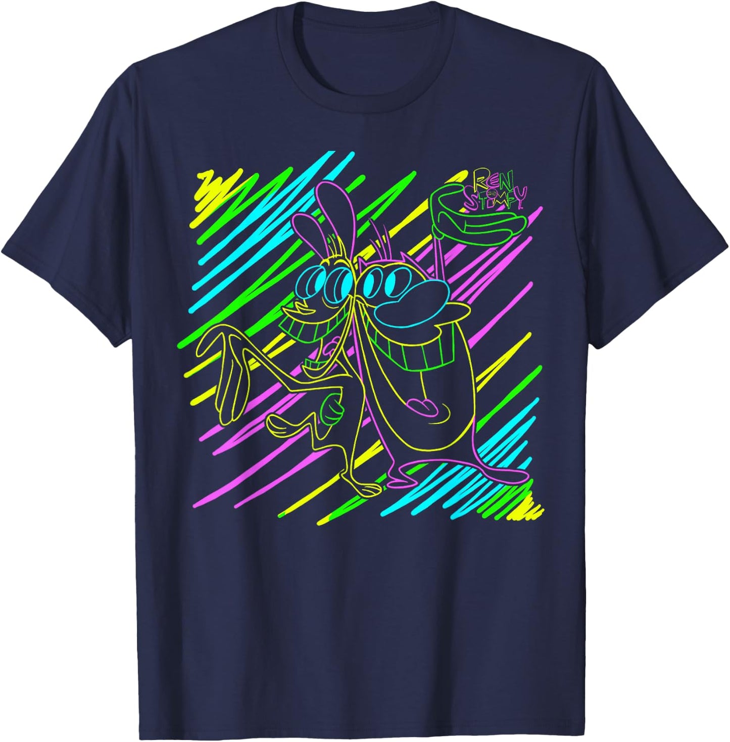 Ren and Stimpy Neon Line Art T-Shirt - T-Shirt | Navy