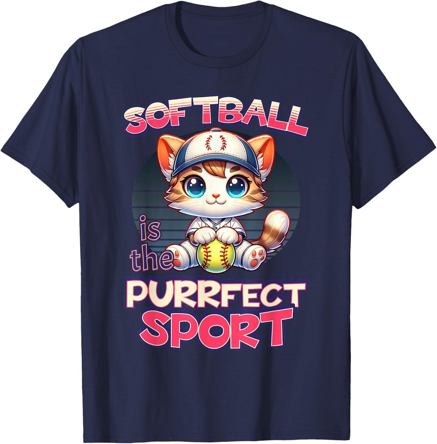 Softball is the Purrfect Sport Cute Kitty Cat Kitten Graphic Women Girls Kids T-Shirt - T-Shirt | Navy