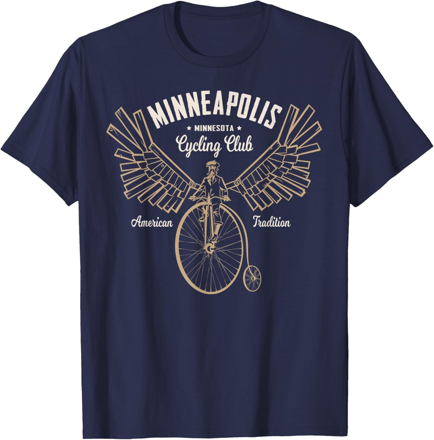 Minneapolis Cycling - Flying Steampunk Bicycle T-Shirt - T-Shirt | Navy