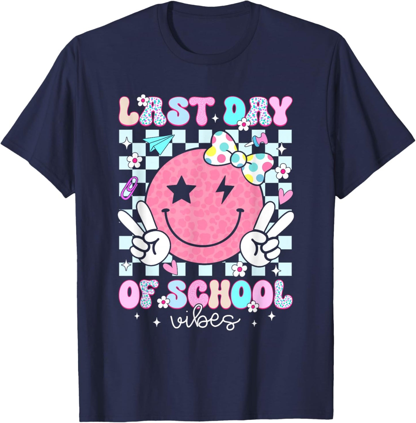 Groovy Last Day of School Vibes Smile Face Graduation Kids T-Shirt - T-Shirt | Navy