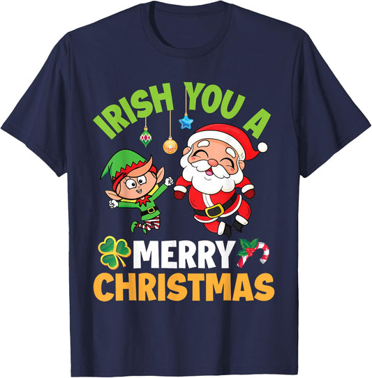 Santa Claus Elf Dancing Together Irish You A Merry Christmas T-Shirt - T-Shirt | Navy