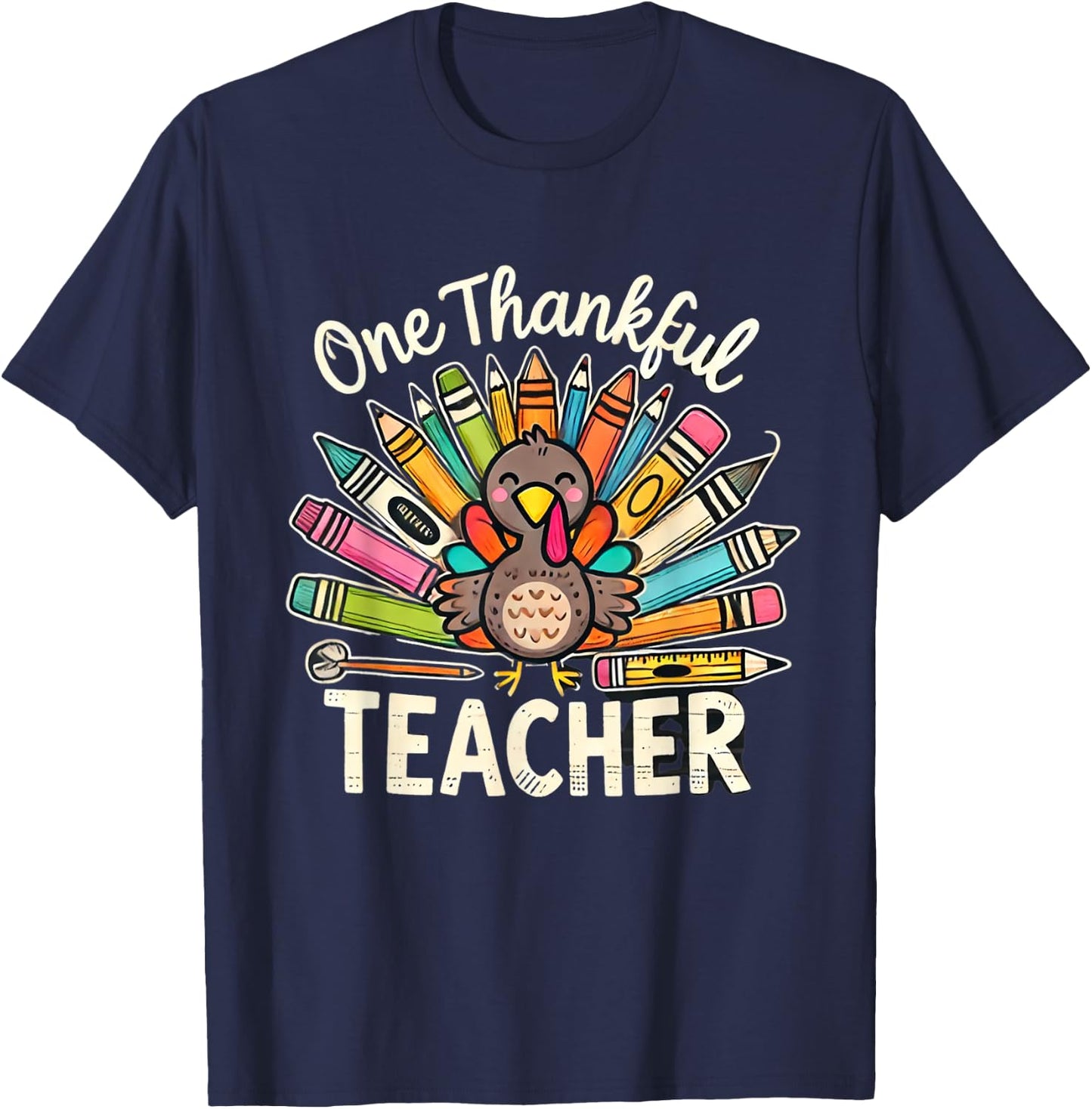 One Thankful Teacher Cute Thanksgiving Turkey School T-Shirt - T-Shirt | Navy