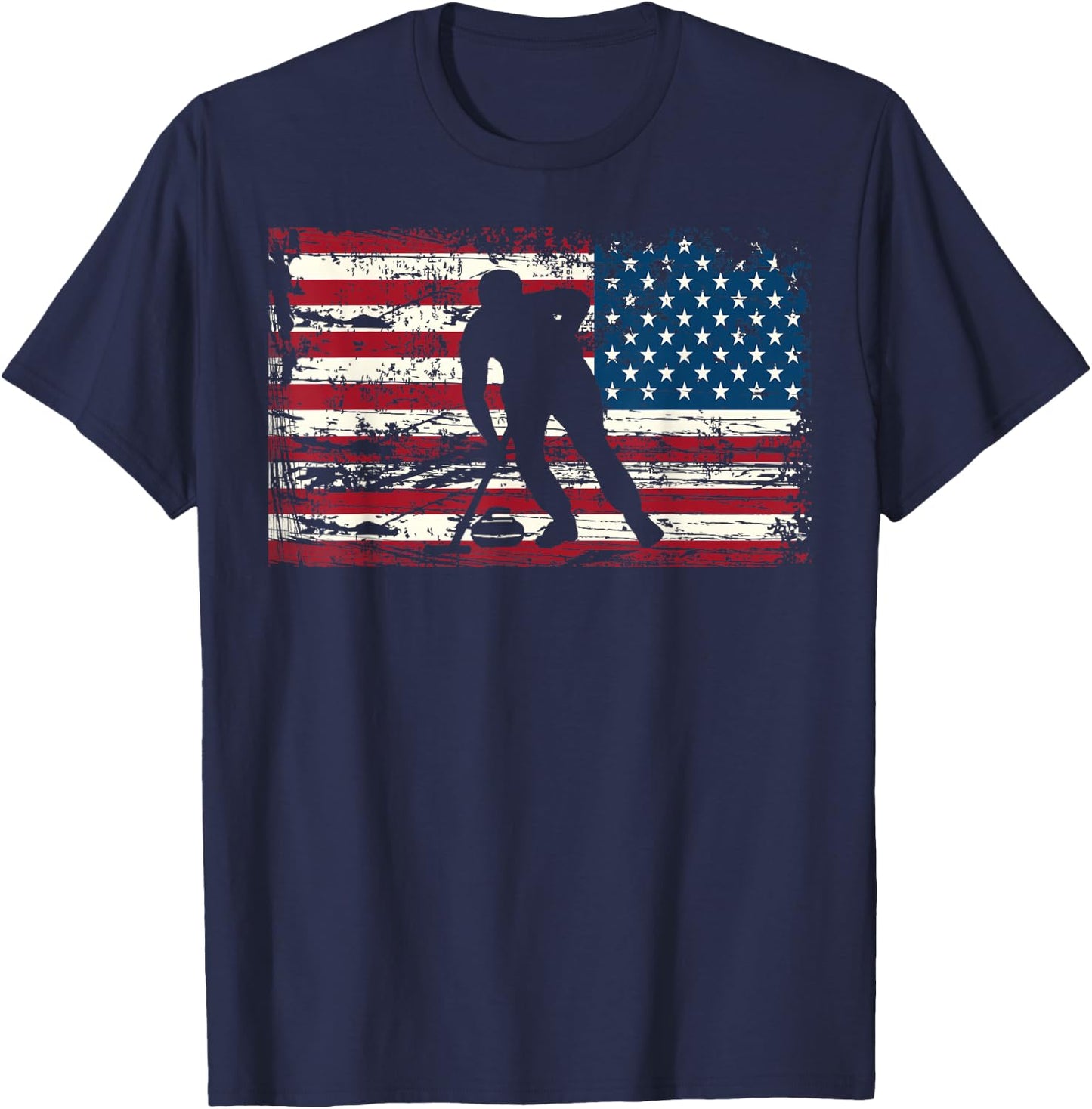 Curling American Flag USA Winter Sports Man Woman T-Shirt - T-Shirt | Navy