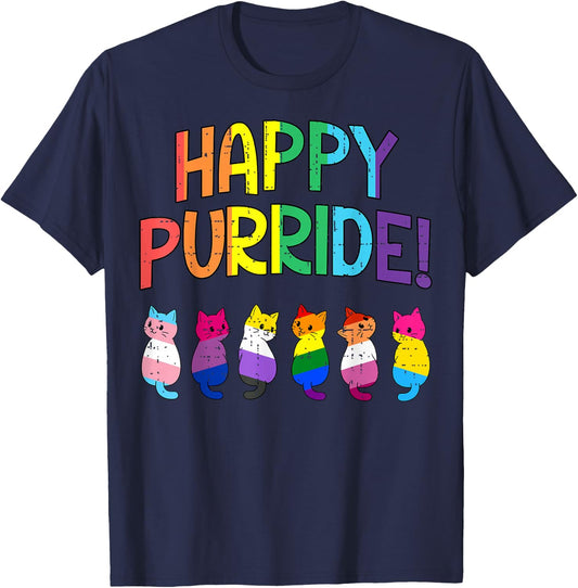 LGBTQ Flag Cats Happy Purride Gay Pride Month Ally Men Women T-Shirt - T-Shirt | Navy