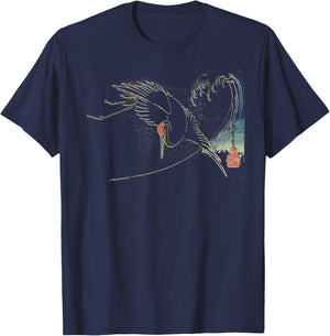 Vintage Japanese Fine Art: Crane Bird Flying Over Ocean Wave T-Shirt - T-Shirt | Navy