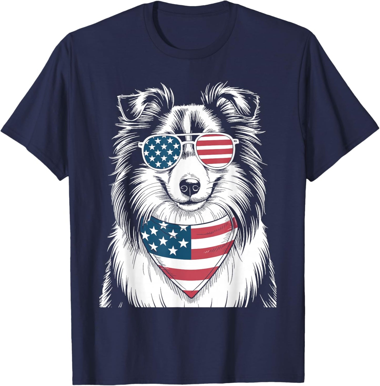 Shetland Sheepdog Dog USA Flag Patriotic 4th of July Men Women Kids T-Shirt - T-Shirt | Navy