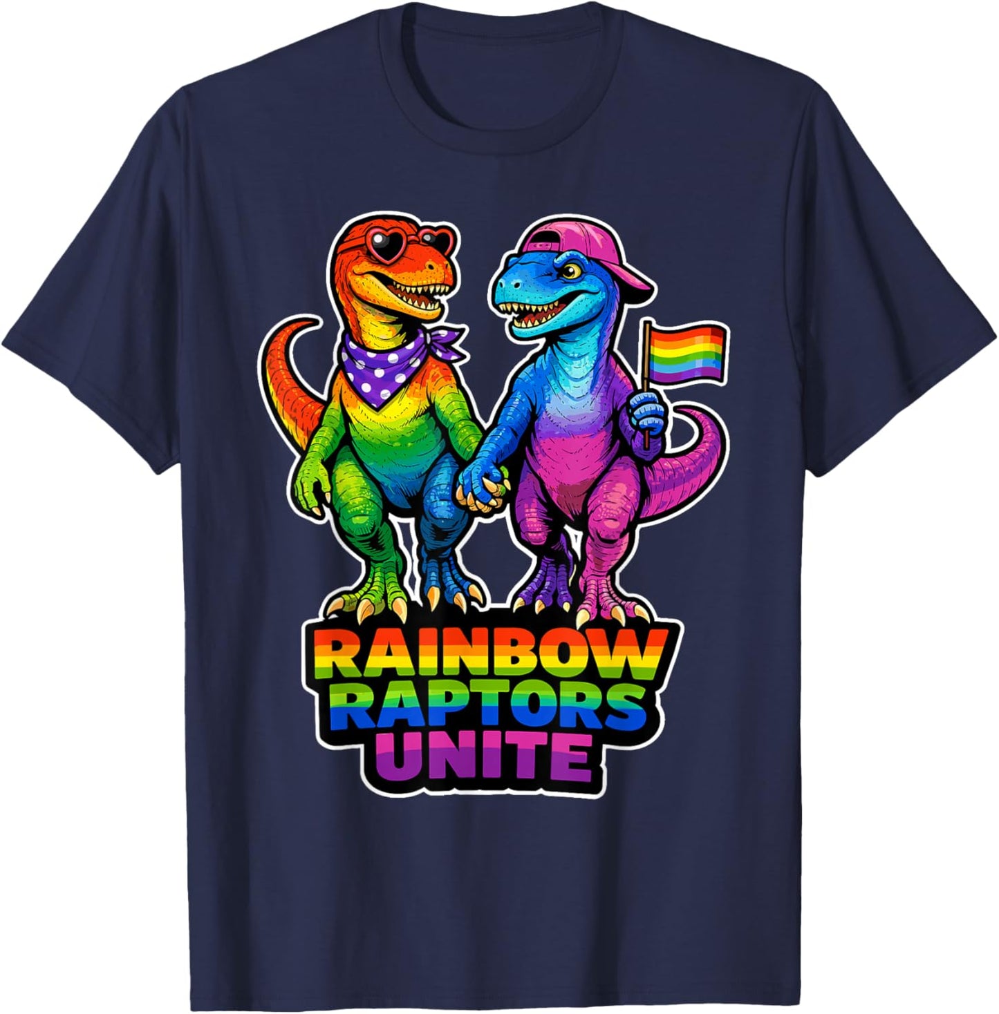 Rainbow Raptors Unite Pride Dino Unity LGBTQ Design T-Shirt - T-Shirt | Navy