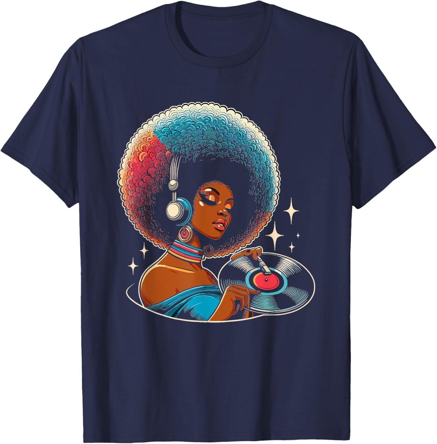 Funk Afro Disco Soul African Girl American Vinyl T-Shirt - T-Shirt | Navy