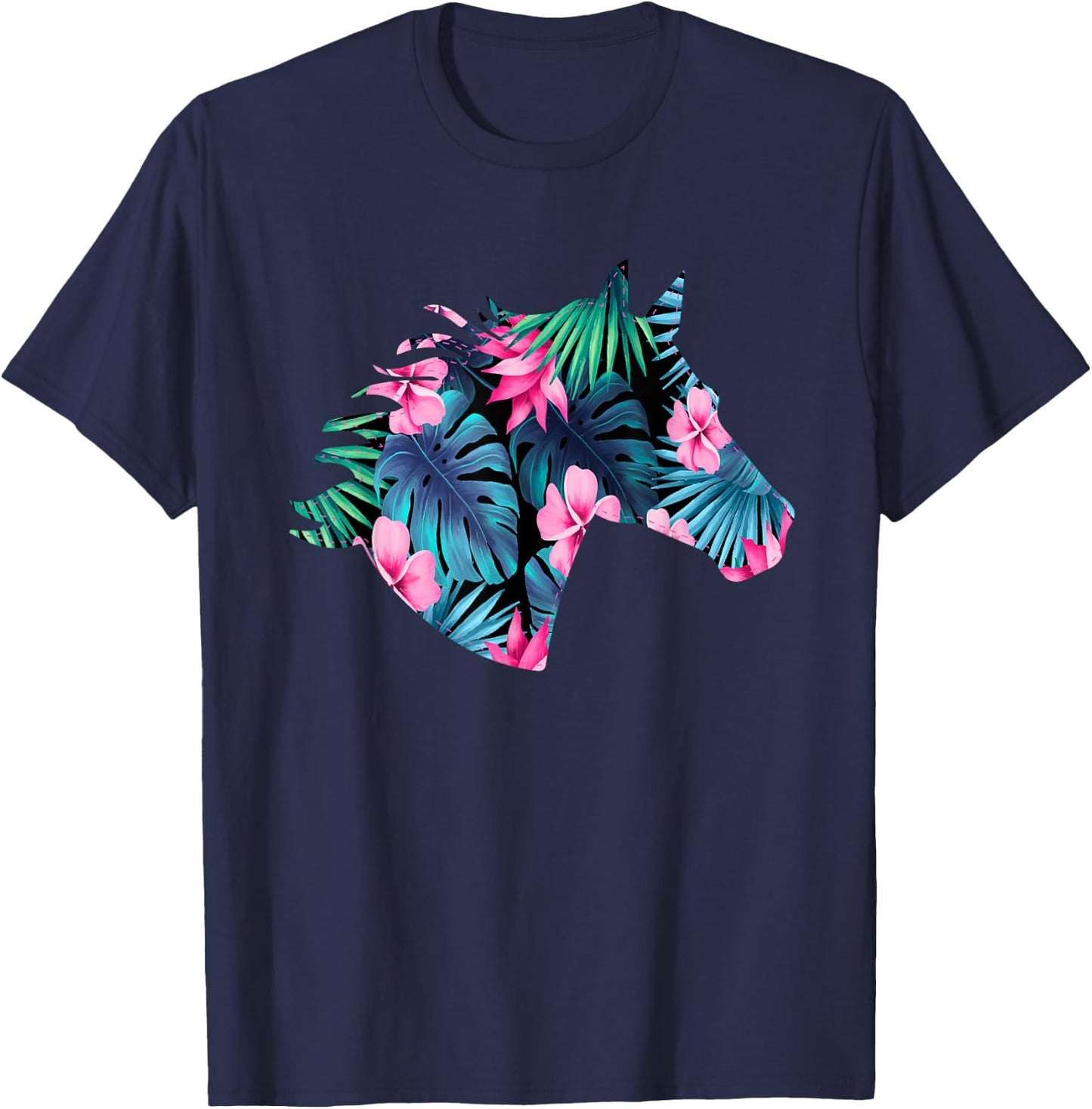 Horse Silhouette | For Horse Lover | Hawaiian Floral T-Shirt - T-Shirt | Navy