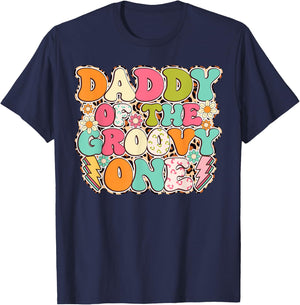 Retro Daddy of Groovy One Matching Family 1st Birthday Party T-Shirt - T-Shirt | Navy
