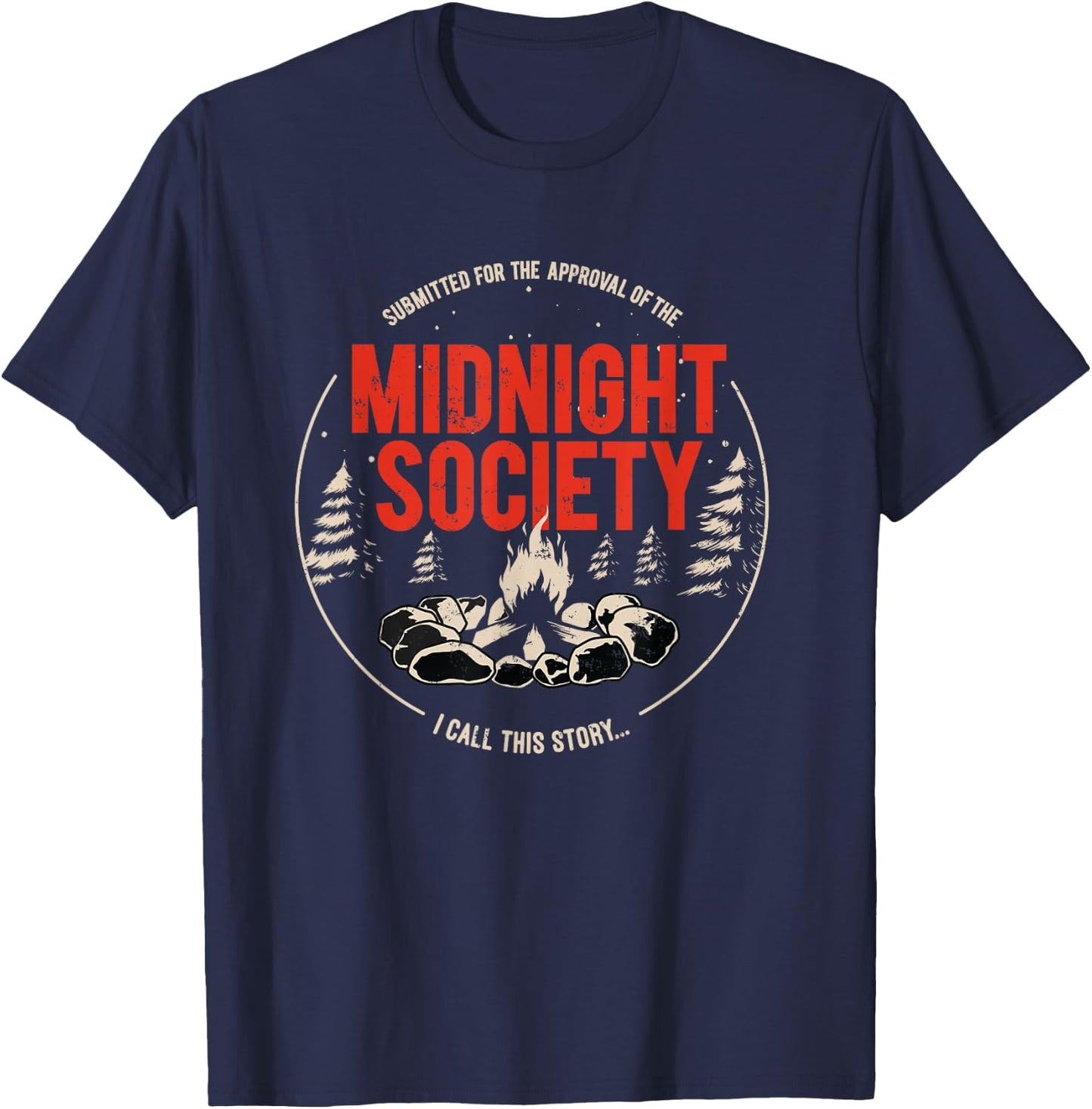 Midnight Society Red Text Campfire Small T-Shirt - T-Shirt | Navy