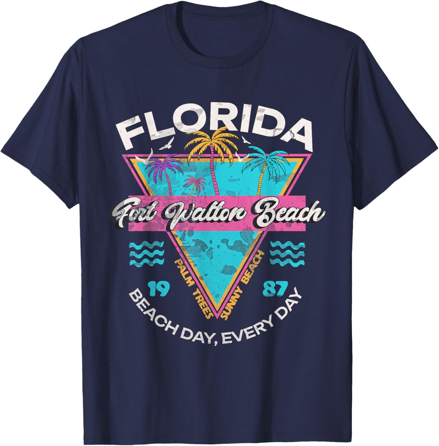 Fort Walton Beach Florida Vintage 80s Palm Tree Souvenir T-Shirt - T-Shirt | Navy