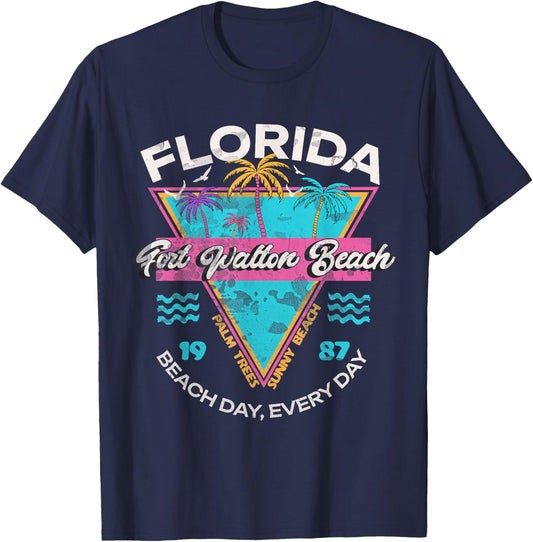 Fort Walton Beach Florida Vintage 80s Palm Tree Souvenir T-Shirt - T-Shirt | Navy