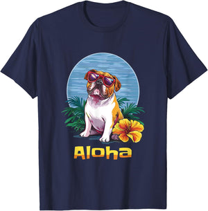 Hawaiian English Bulldog Aloha T-Shirt - T-Shirt | Navy