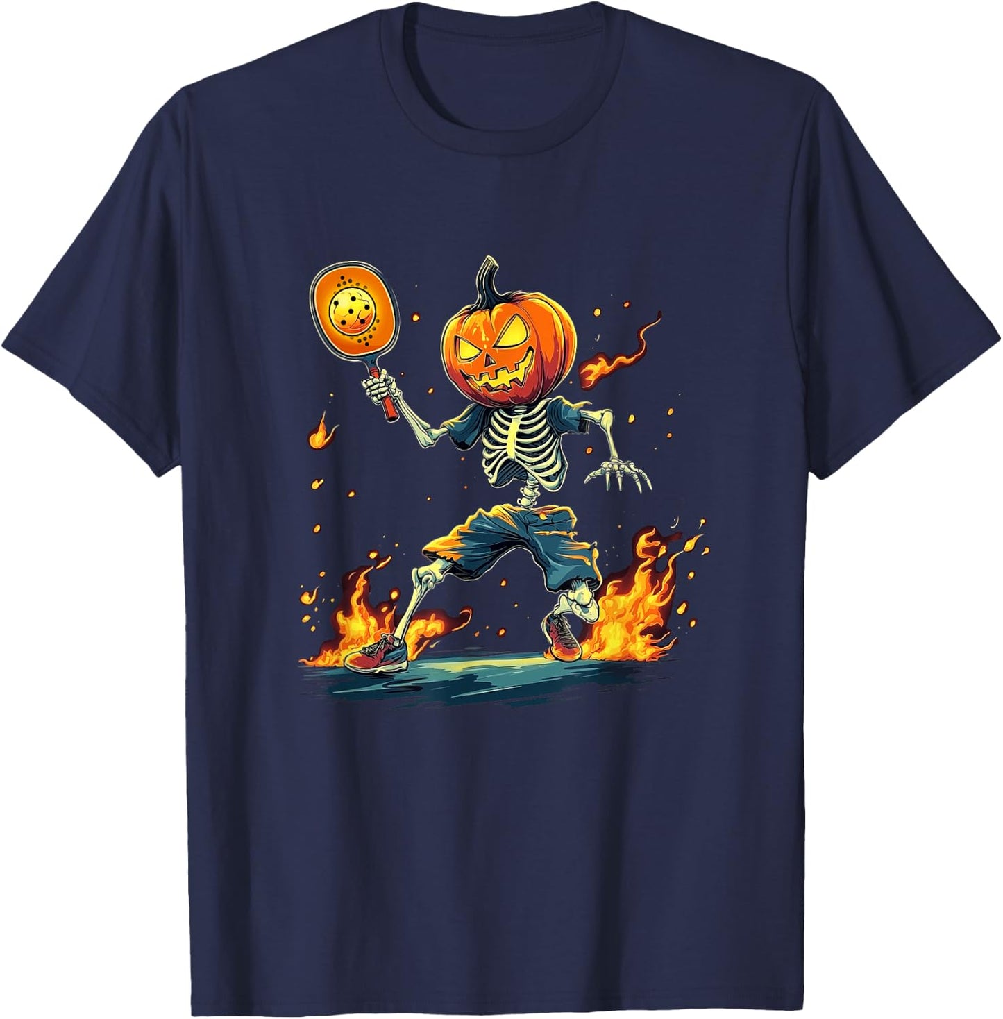Pumpkin Head Skeleton Pickleball Halloween Spooky Sports T-Shirt - T-Shirt | Navy