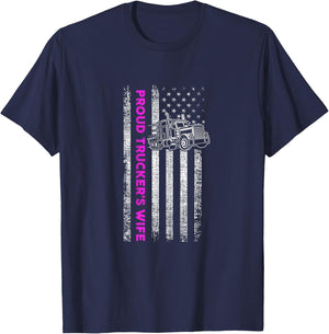 Proud Trucker's Wife - Patriotic Truck Driver American Flag T-Shirt - T-Shirt | Navy