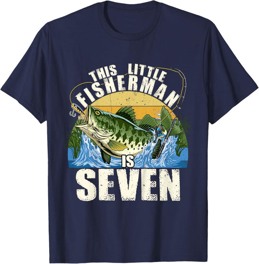 7 Years Old Fishing Birthday Party Theme Fisherman Boy T-Shirt - T-Shirt | Navy
