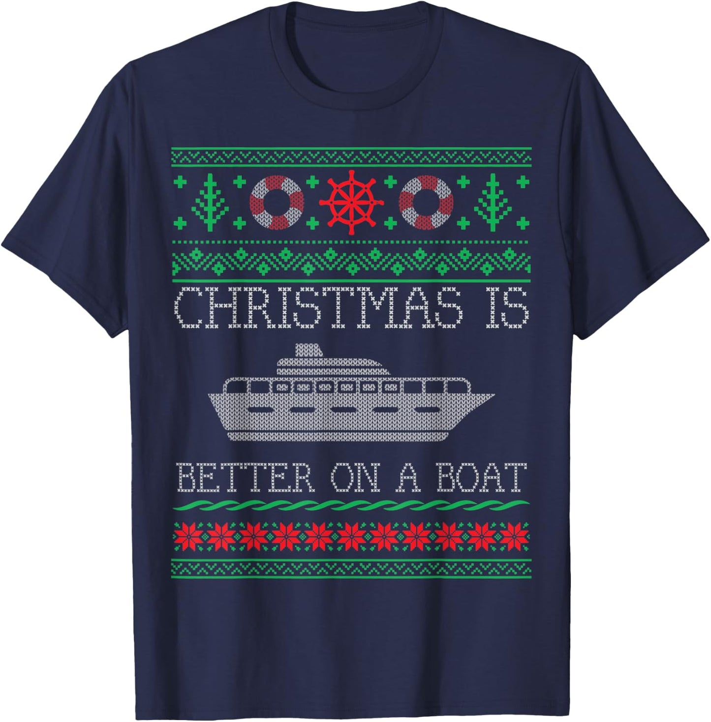 Boating Christmas Is Better On Pontoon Boat Ugly Christmas T-Shirt - T-Shirt | Navy