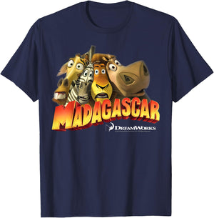 Madagascar Squished Group Shot Classic Movie Logo T-Shirt - T-Shirt | Navy