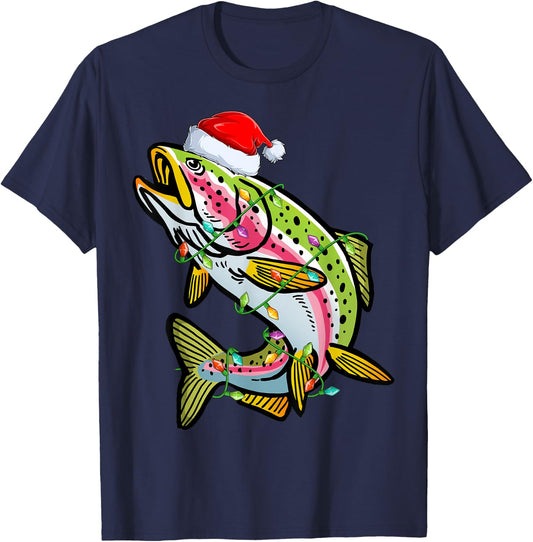 Xmas Lights Santa Hat Rainbow Trout Fish Christmas T-Shirt - T-Shirt | Navy