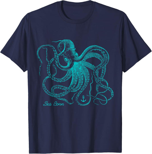 Vintage Octopus - Marine Biologist Design - Green Sea Life T-Shirt - T-Shirt | Navy