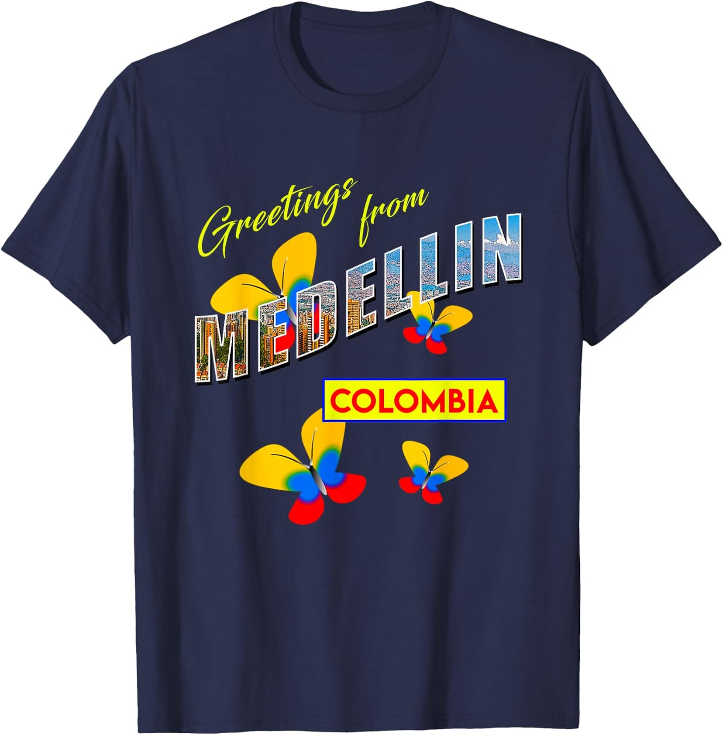 Greetings From Medellin Colombia Retro Postcard Style T-Shirt - T-Shirt | Navy
