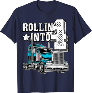 Rollin into 4 Big Rig Semi-Trailer Truck 4th Birthday Gift T-Shirt - T-Shirt | Navy