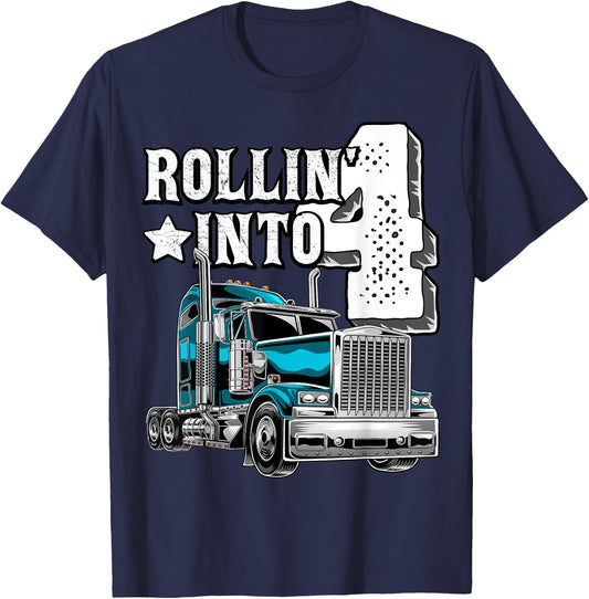 Rollin into 4 Big Rig Semi-Trailer Truck 4th Birthday Gift T-Shirt - T-Shirt | Navy