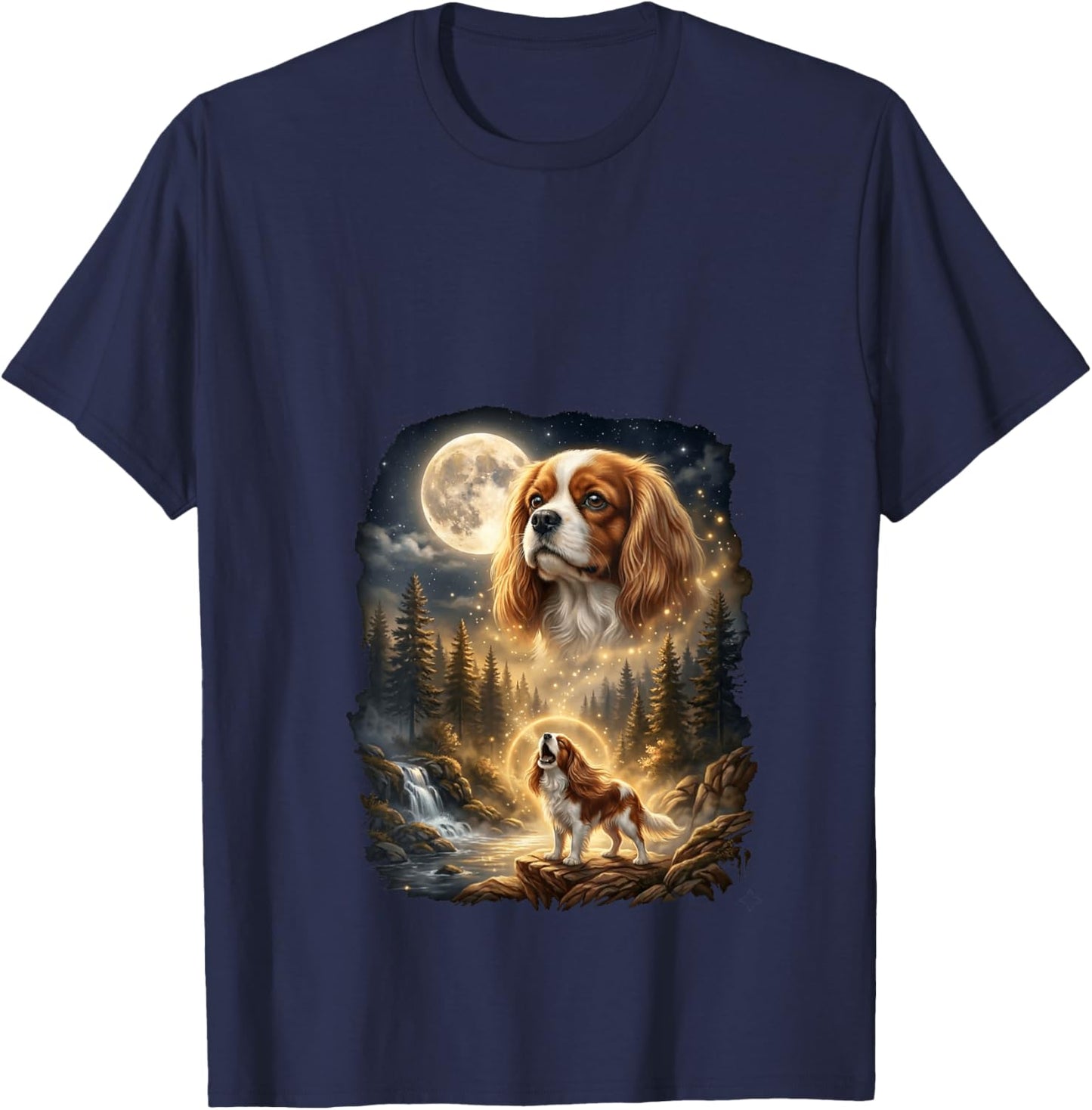 Women's Cavalier King Charles Spaniel Howling At The Moon Retro V-Neck T-Shirt - T-Shirt | Navy