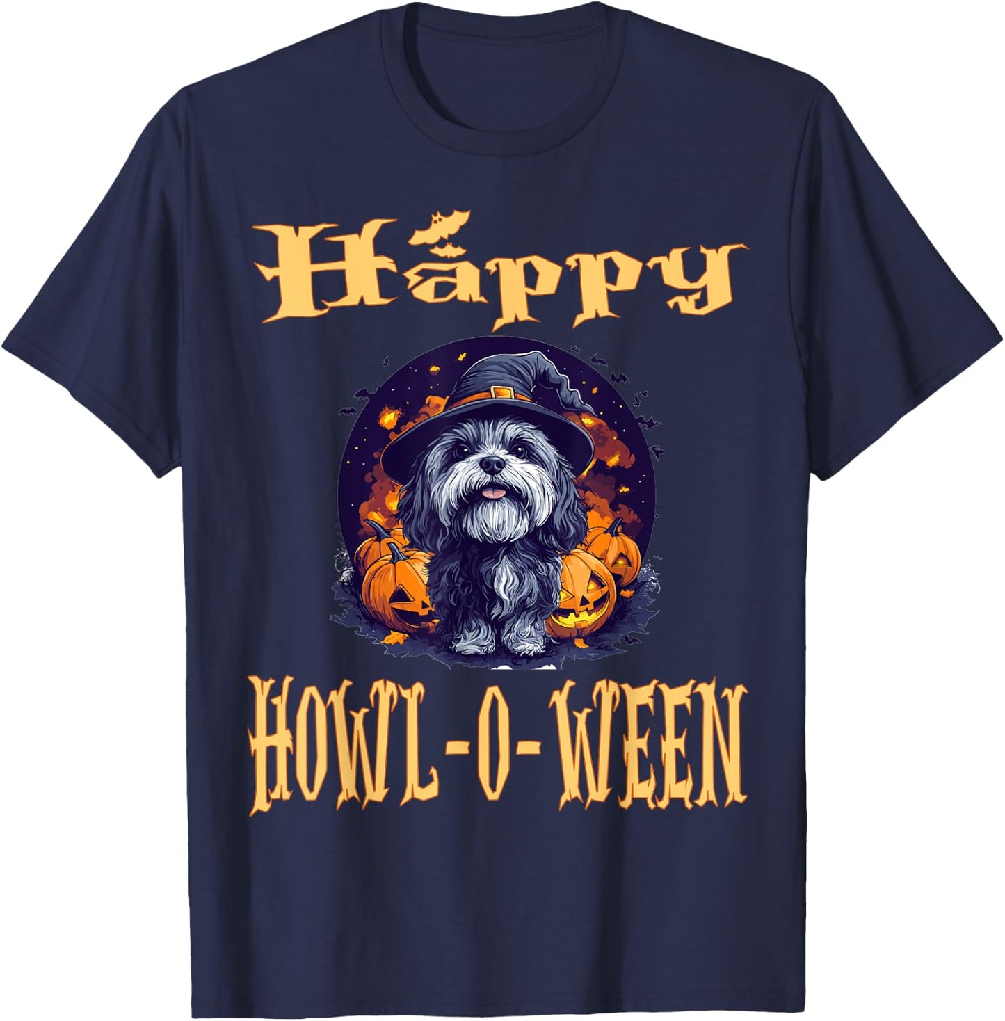Havanese Dog Whitch Hat Halloween Pumpkin Spooky Happy T-Shirt - T-Shirt | Navy