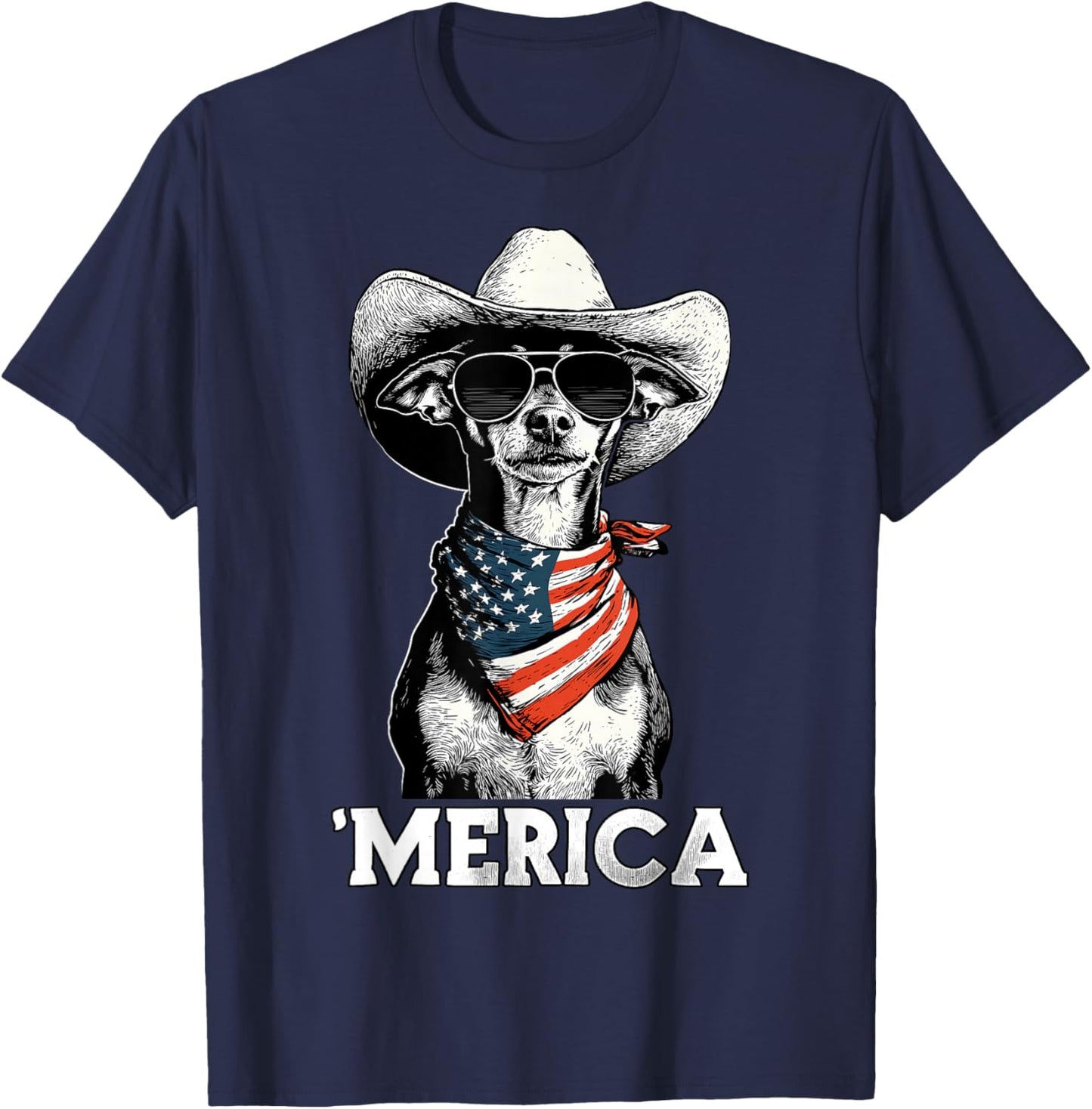 Miniature Pinscher Min Pin American Flag Bandana Sunglasses T-Shirt - T-Shirt | Navy