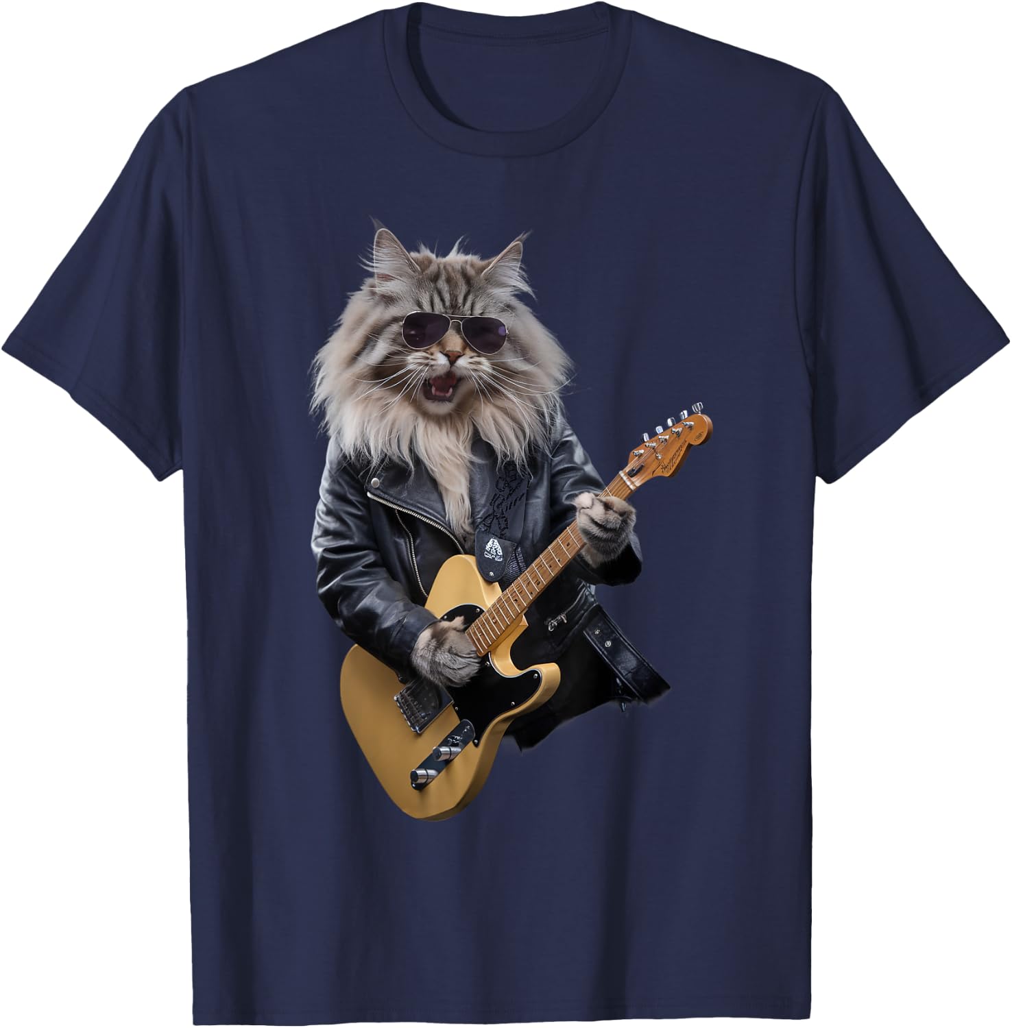 Cat Playing Guitar Rock Star Rock and Roll Women Kid T-Shirt - T-Shirt | Navy