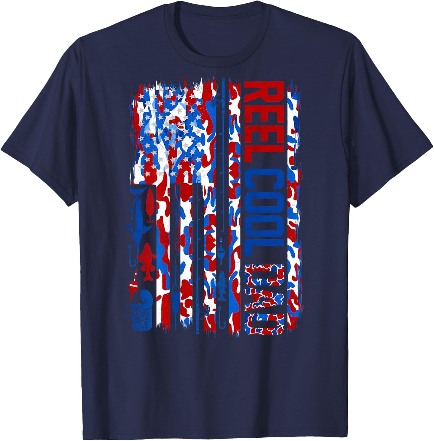 (ON Back) Patriotic Fisherman Reel Cool Dad Camo USA Flag T-Shirt - T-Shirt | Navy