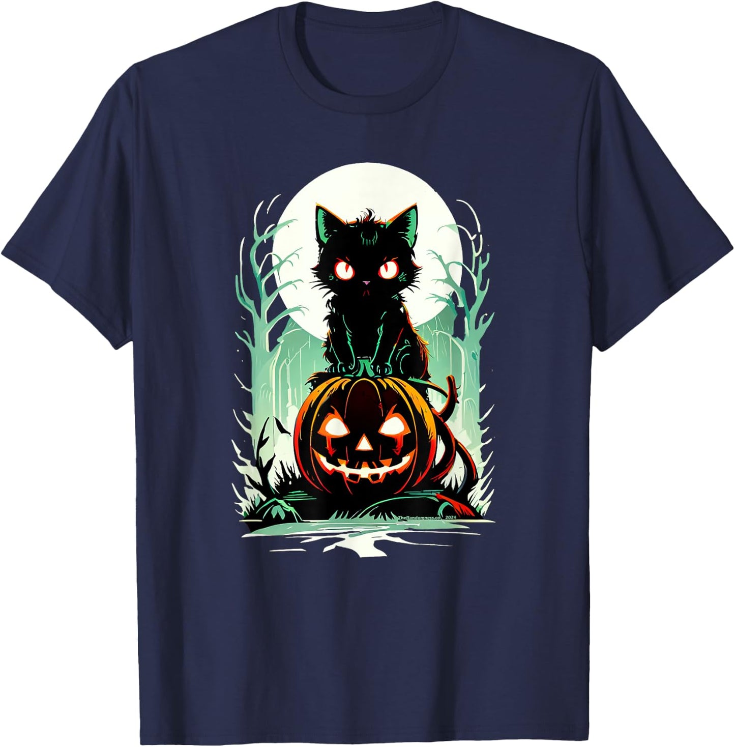 Spooky Black Cat on Pumpkin Under a Creepy Halloween Moon T-Shirt - T-Shirt | Navy