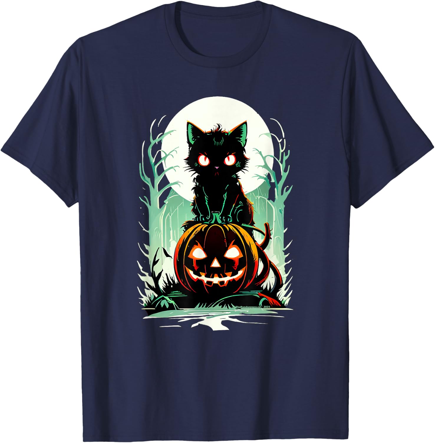 Spooky Black Cat on Pumpkin Under a Creepy Halloween Moon T-Shirt - T-Shirt | Navy
