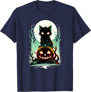 Spooky Black Cat on Pumpkin Under a Creepy Halloween Moon T-Shirt - T-Shirt | Navy