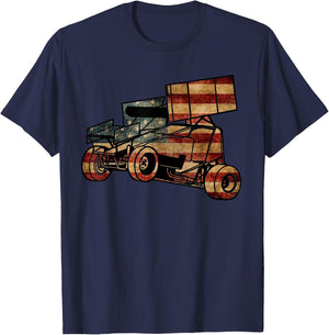 Sprint Car Racing Dirt Track Vintage Looking American Flag T-Shirt - T-Shirt | Navy