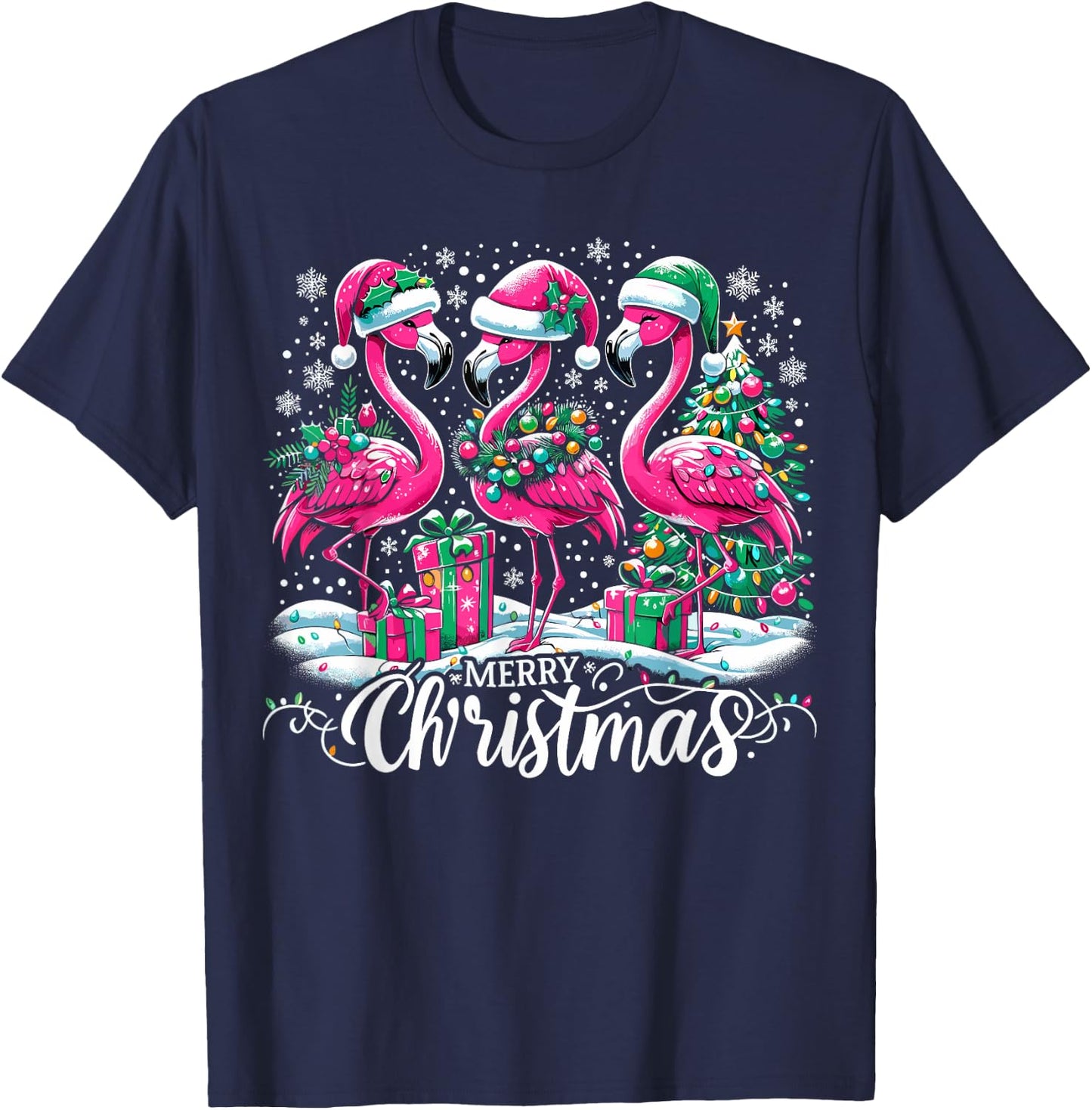 Merry Christmas Hat Santa Flamingo Light Christmas T-Shirt - T-Shirt | Navy