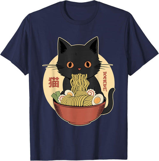 Cat Ramen Funny Graphic Japanese Kawaii Cat Anime T-Shirt - T-Shirt | Navy