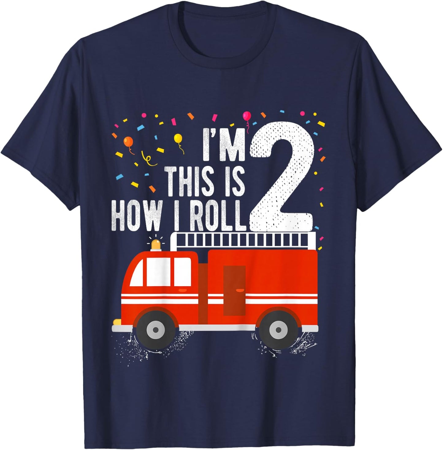 Fire Truck 2nd Birthday Boy 2 Year Old Firefighter T-Shirt - T-Shirt | Navy