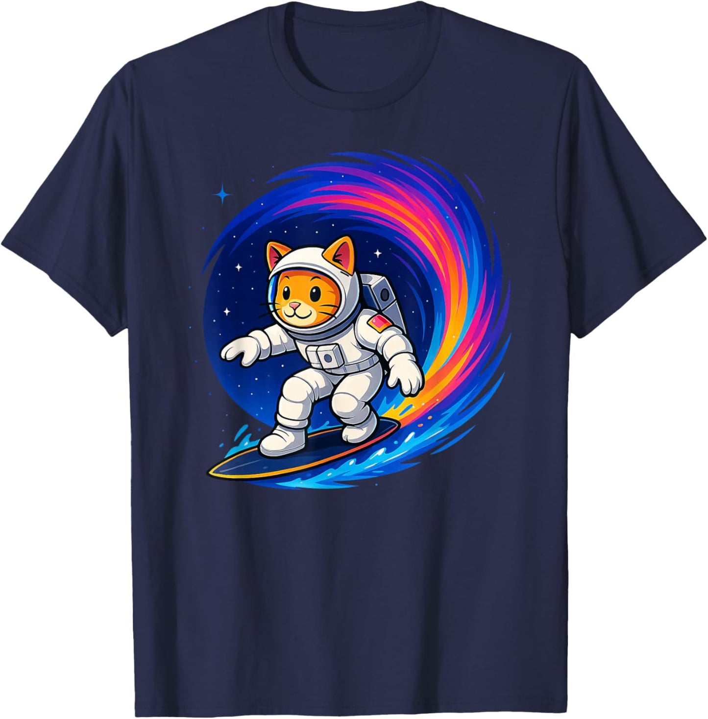 Funny Orange Cat Astronaut Surfing Colorful Rainbow Space T-Shirt - T-Shirt | Navy