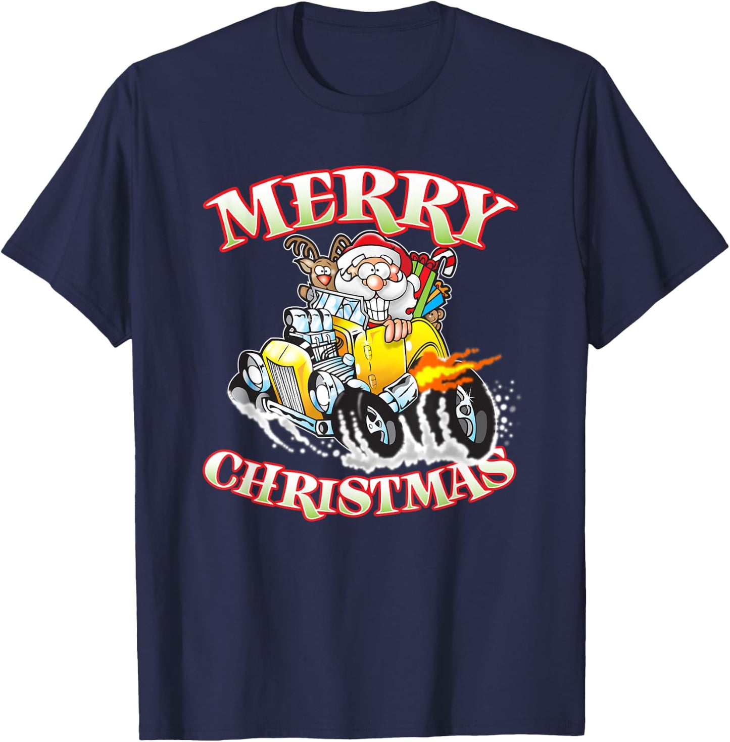 Funny Merry Christmas Santa Reindeer Hot Rod Coupe T-Shirt - T-Shirt | Navy