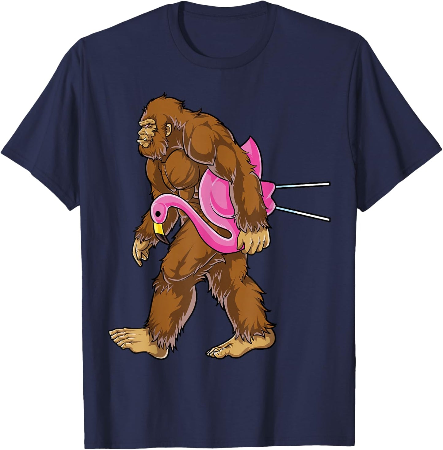 Bigfoot Carrying Lawn Flamingo Funny Men Women Sasquatch T-Shirt - T-Shirt | Navy