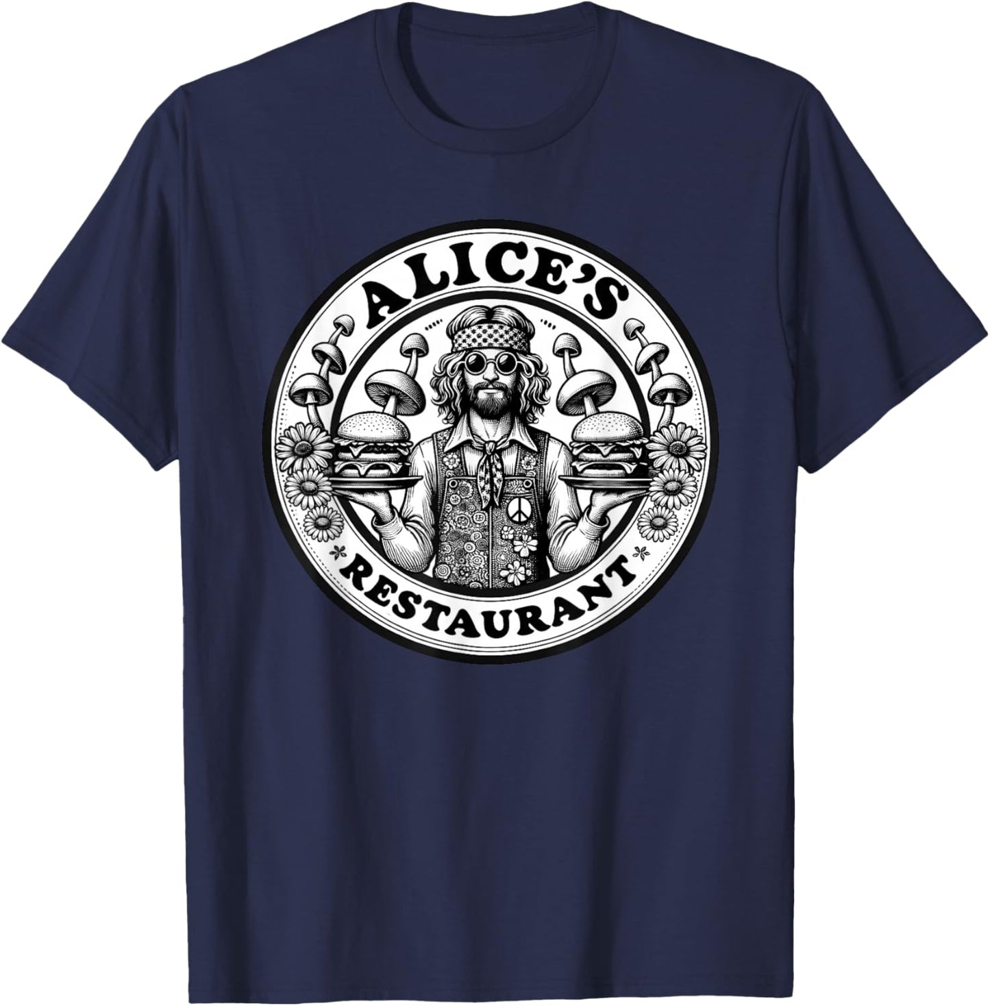 Retro Hippie Mushroom Hamburger Waiter Alice's Restaurant T-Shirt - T-Shirt | Navy
